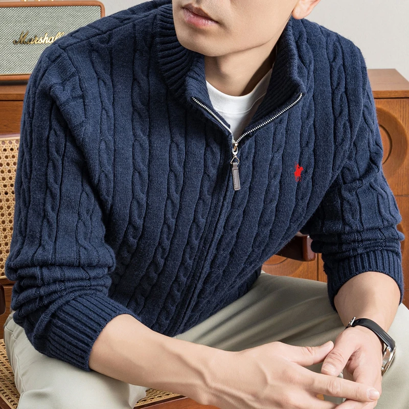 Fashion style men's long sleeved knitted sweater with stand up collar zipper, ponytail embroidery autumn and winter new cardigan