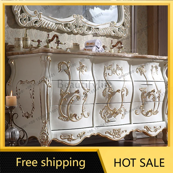 LDEuropean Luxury Stone Countertop Oak Bathroom Vanity Set Curved Oak Double Basin Marble Top Hand Washing Cabinet