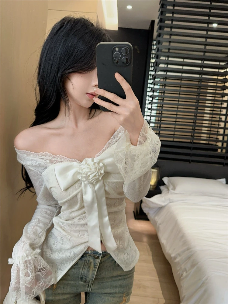 

French Sweet V-neck Lace Bow Flower Shirt 2025 New Off Shoulder Long Sleeve Irregular Crop Top Elegant Slim Fit Blouses