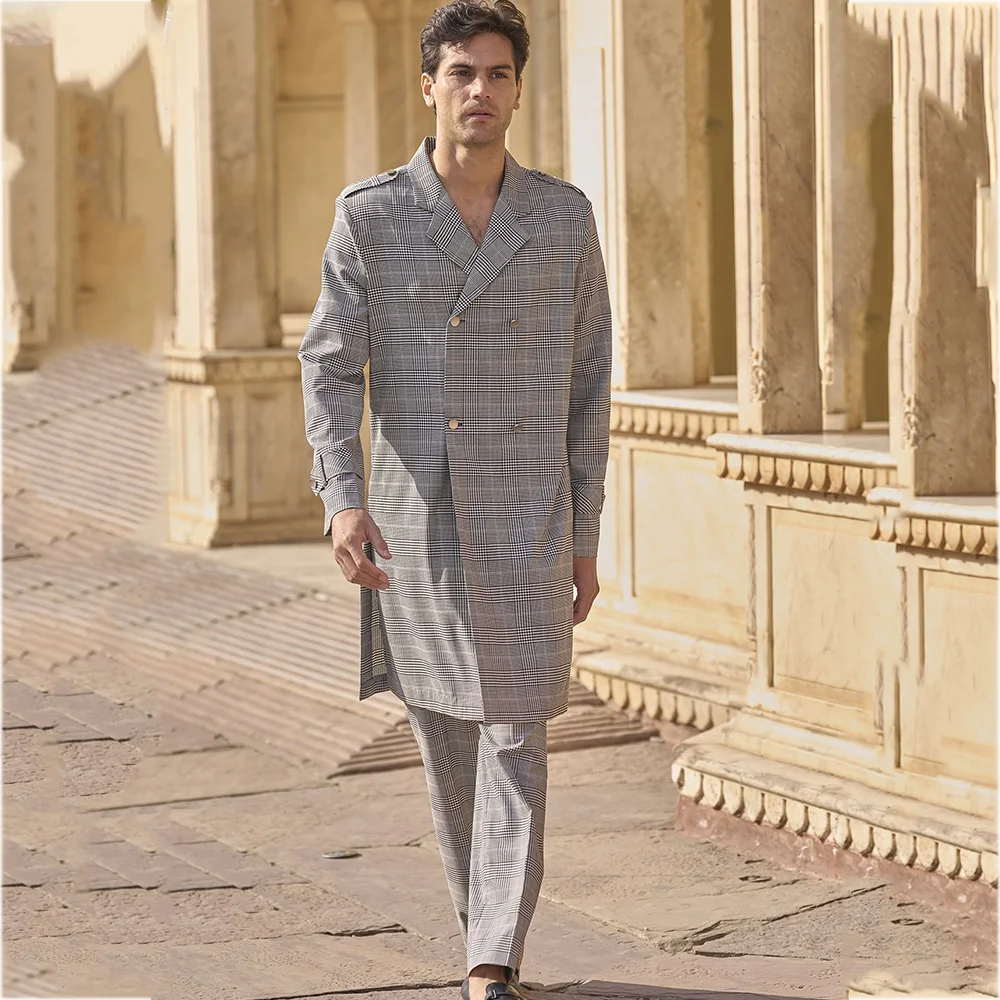 

Customized Men's Suits Front Flat Double Breasted Long Jacket Pants Notch Lapel High Street Casual Daily Male Two Pieces