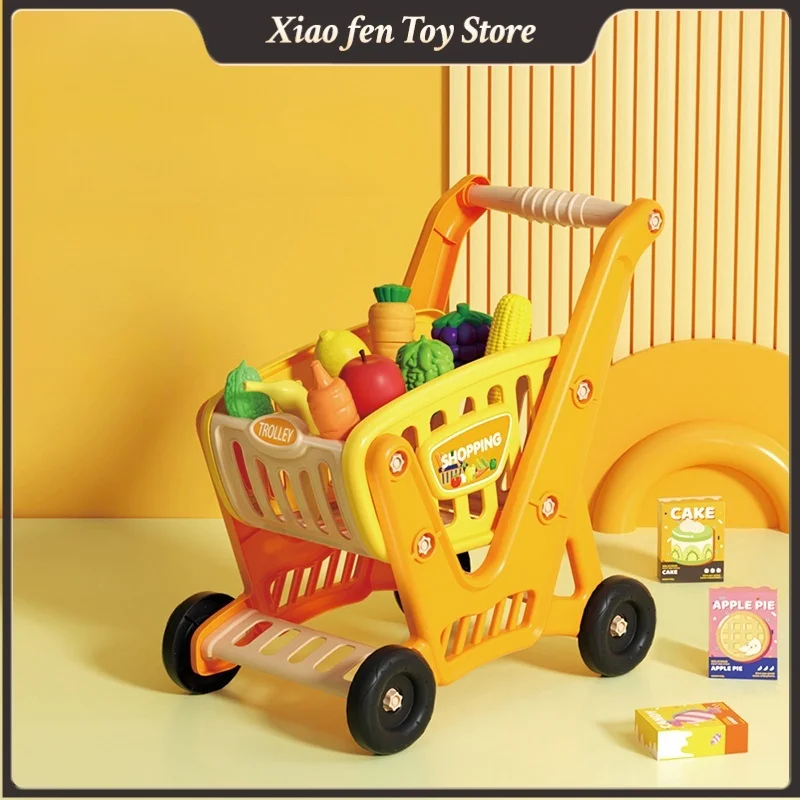 Children Supermarket Shopping Driver Cart Pretending Toy Children Mini Basket Simulated Cutting Food Fruit Kitchen Toy Gift