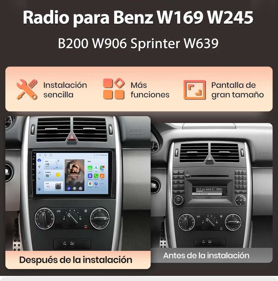 Junsun Kabelloses CarPlay Android Auto Autoradio für Benz W169 W245 B200 W906 W639 GPS Auto-Intelligentes System BT FM Spanisch Lokal – Detail 3