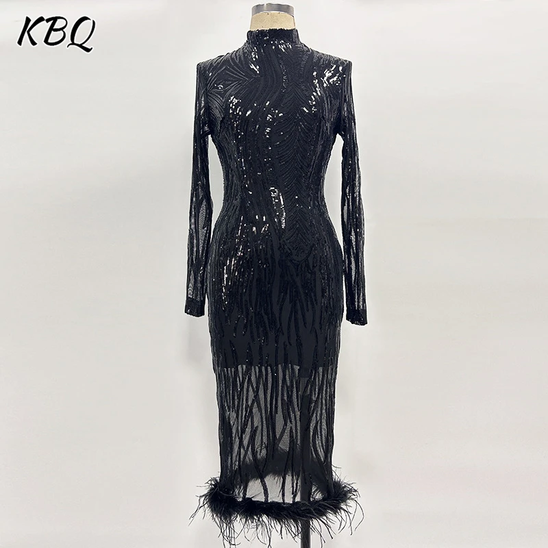 

KBQ Solid Slimming Splicedd Feather Dress For Women Stand Collar Long Sleeve High Waist Temperament Dress Female Fashion Style