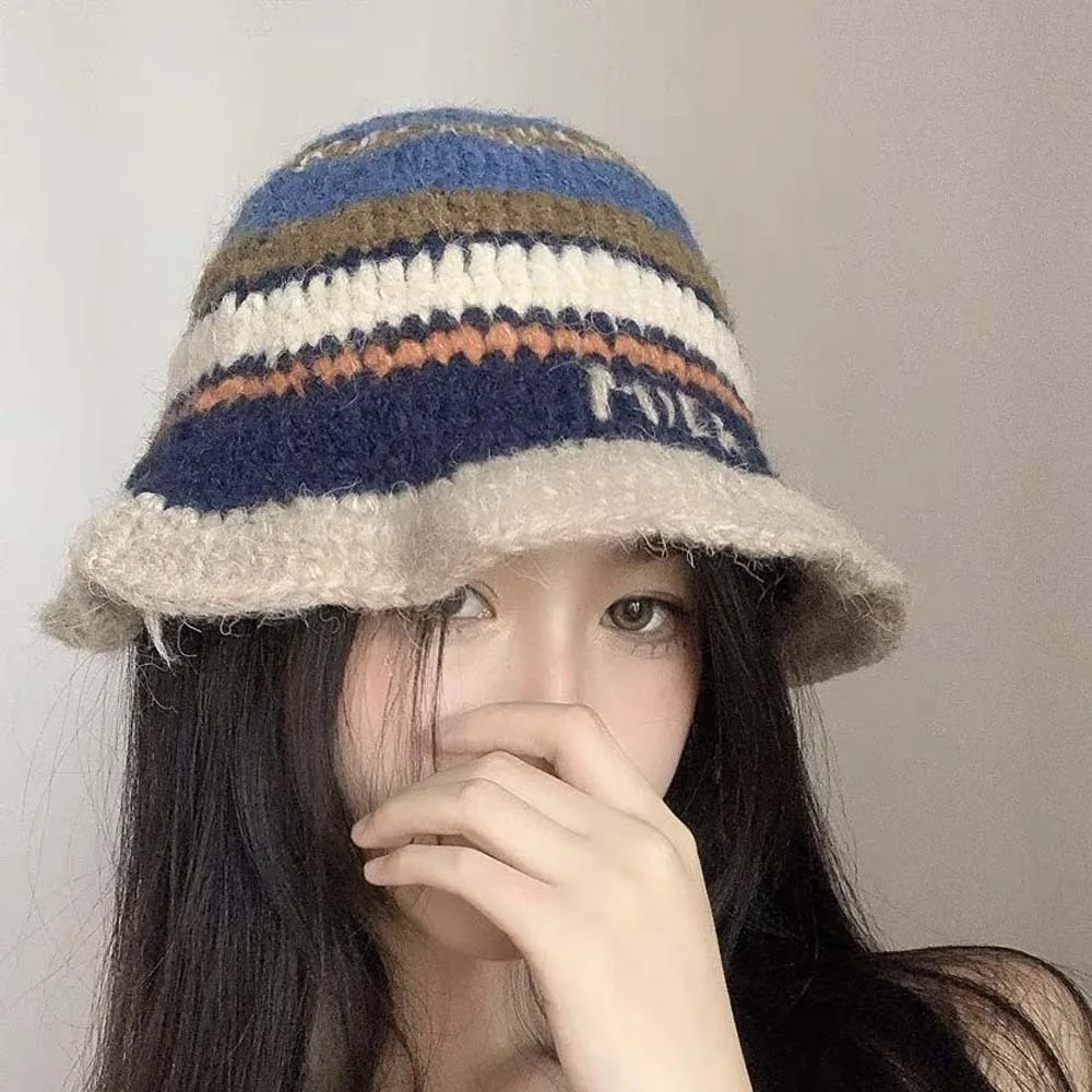 

Warm Knitted Bucket Hat Temperament Contrast Color Striped Fisherman Hat Windproof Acrylic Fibers Woven Basin Cap Travel