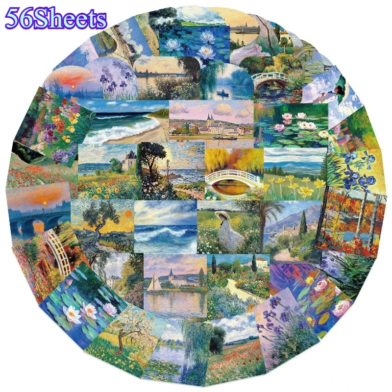 56Sheets Oil Painting Landscape Stickers Vinyl Decals For Luggage And Notebooks Assorted Small Sizes Graffiti Cup