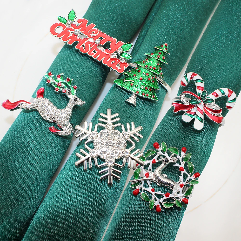 6Pcs Silver Christmas Napkin Ring Set Xmas Tree Wreath Candy Cane Snowflake Deer Napkin Holder for Christmas Party Table Decor