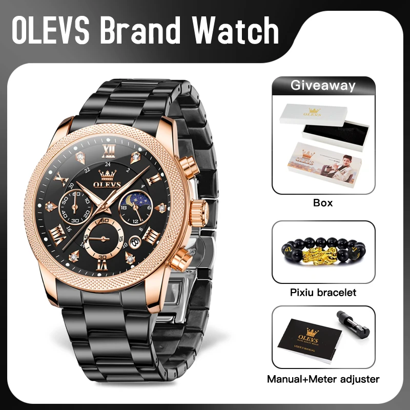 

OLEVS 3660 Mens Watch Original Brand Waterproof Luminous Quartz Watch Moon Phase Multifunctional Chronograph Watch Gifts Reloj