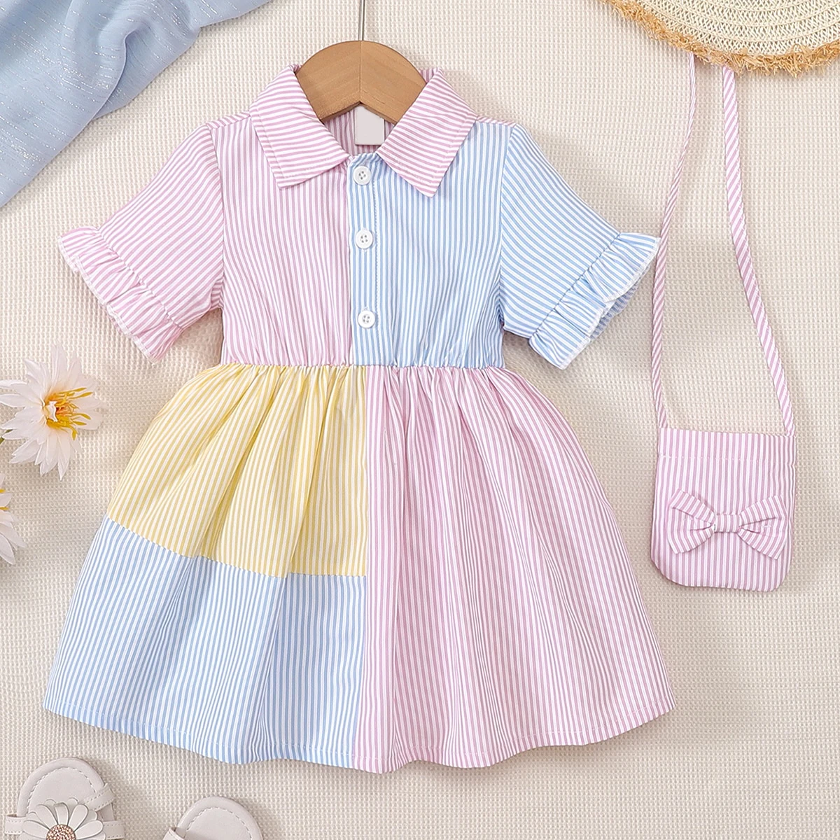 0-2 Year Old Newborn Dress Striped Color Matching Waist Up Dress Bag Baby 2Pcs Set