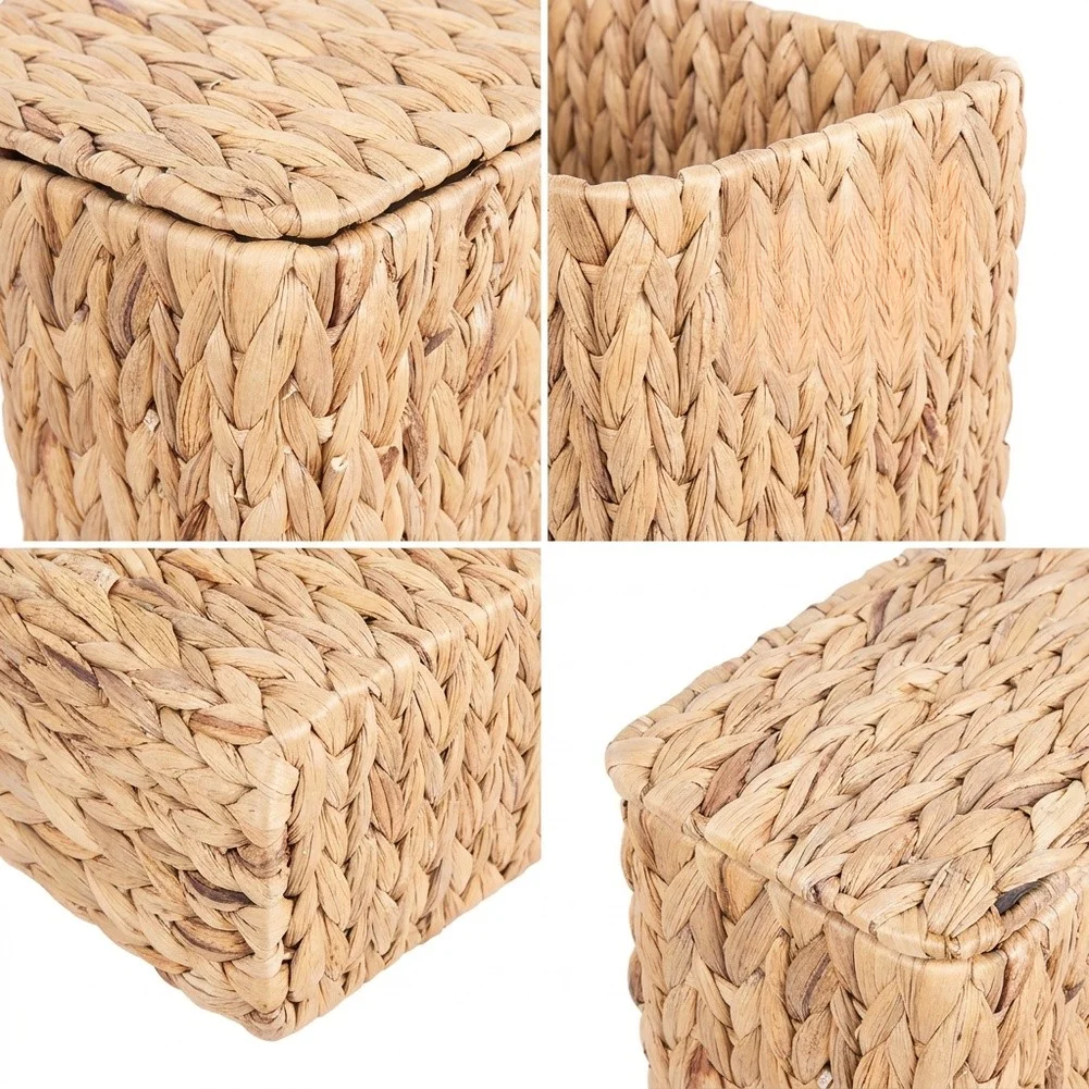 Compact for slim Wicker Trash Can Handwoven from Water Hyacinth with Lid and Removable Liner 31x17x29cm for Indoor Use