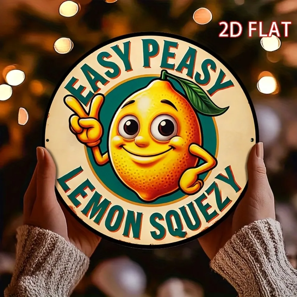 „2D Flat „Easy Peasy Lemon Squeezy“ Eisenschild – Cartoon-Orange-Design für Schlafzimmer, Cafés und Partys |   Verspieltes Dekor"