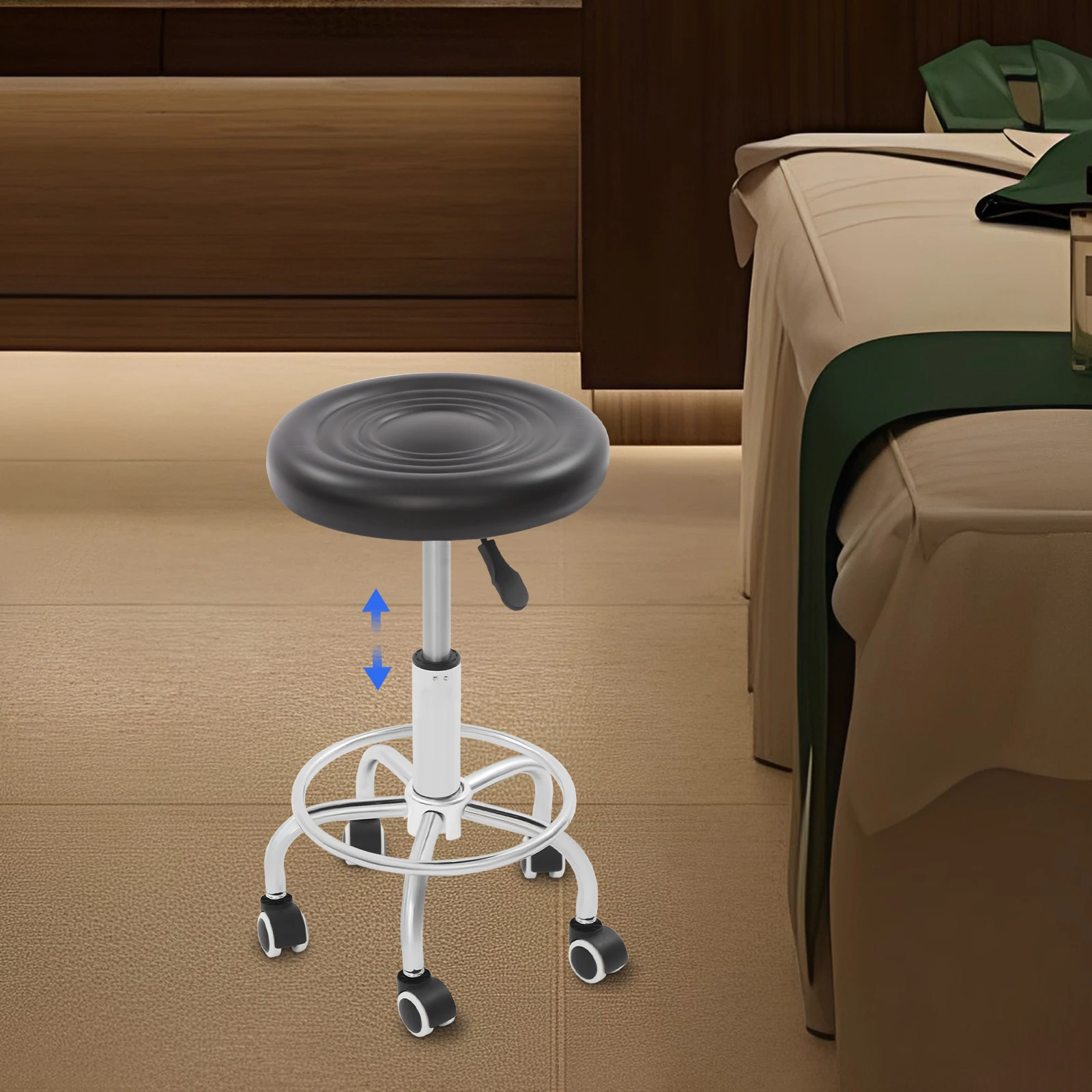 Taburete de bar con ruedas ajustable en altura, 360 °   Taburete de bar giratorio, taburete de salón adecuado para peluquería, salones de belleza, bares