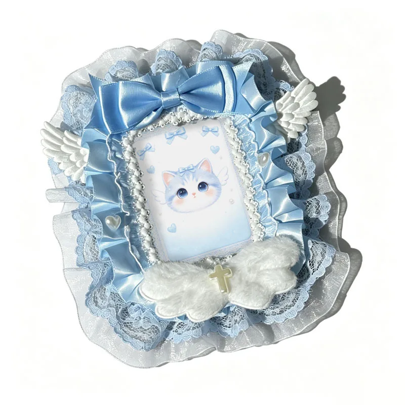 3 in Sweet Ruffle Lace Photocard Holder Angel Wing Bow Decor Kpop Photocard Frame Cute Handmade Card Display Case for Ita Bag image 2
