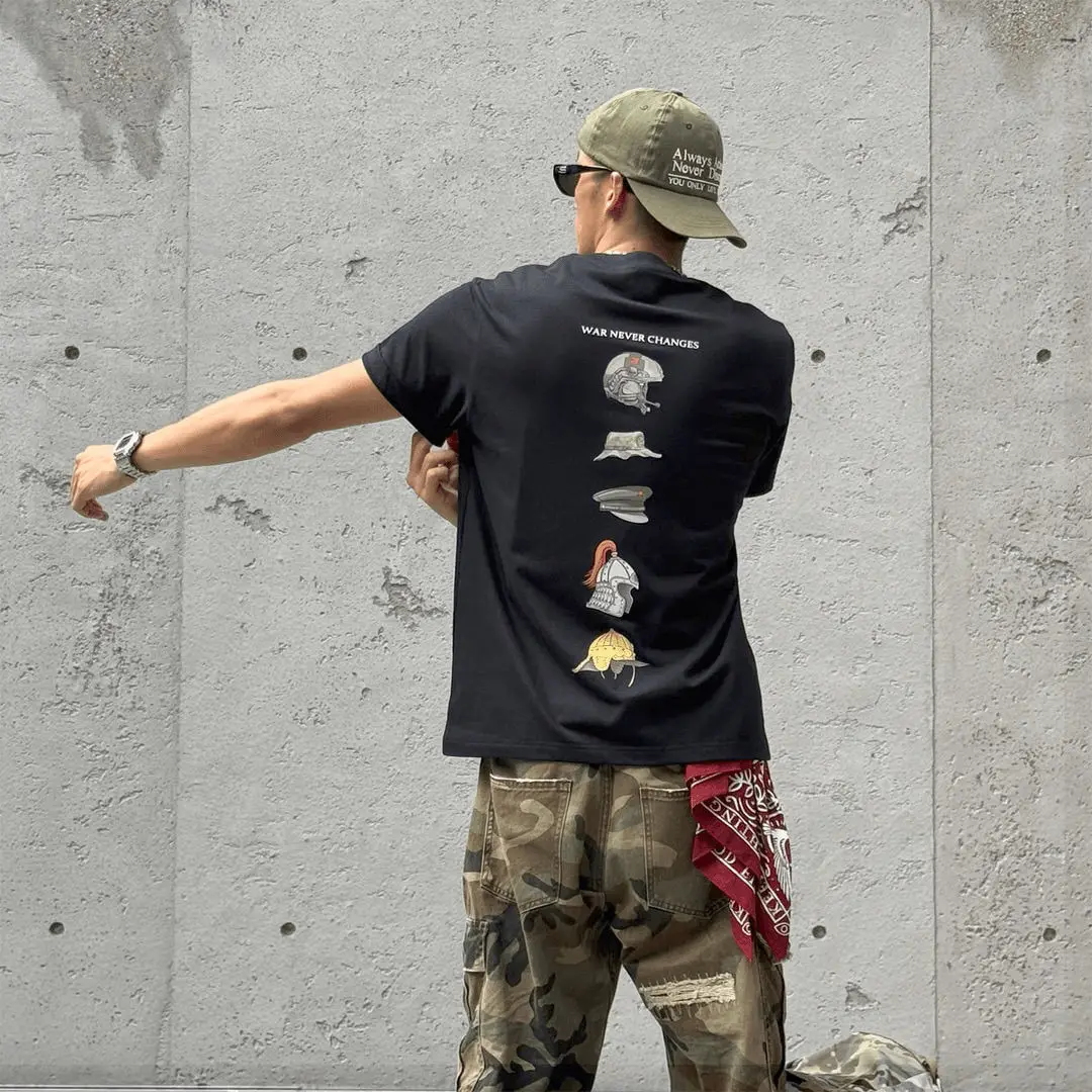 Kaus Lengan Pendek Merek Tren Amerika Sejarah Evolusi Helm Kaus Leher Kru Katun Longgar Kasual Pria Musim Panas Pakaian Jalanan