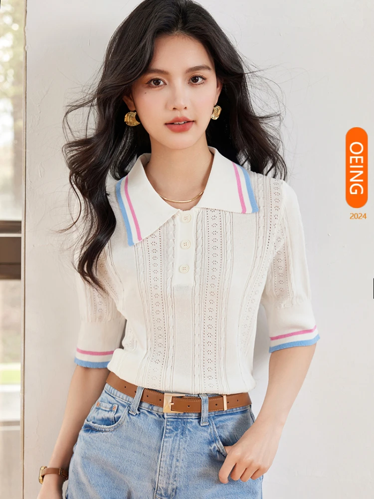 

French Style Short Sleeve Contrast Color White POLO Collar T Shirt Women Tops 2024 Summer New Elegant Chic Loose Knitwear A3277