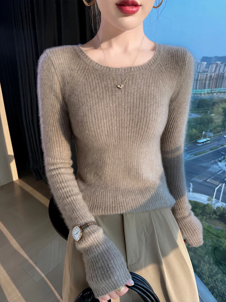 

Новый повседневный женский пуловер, осенне-зимний свитер, свитер из 100% мериносовой шерсти, облегающая одежда с круглым вырезом, вязаная одежда с длинными рукавами внутри