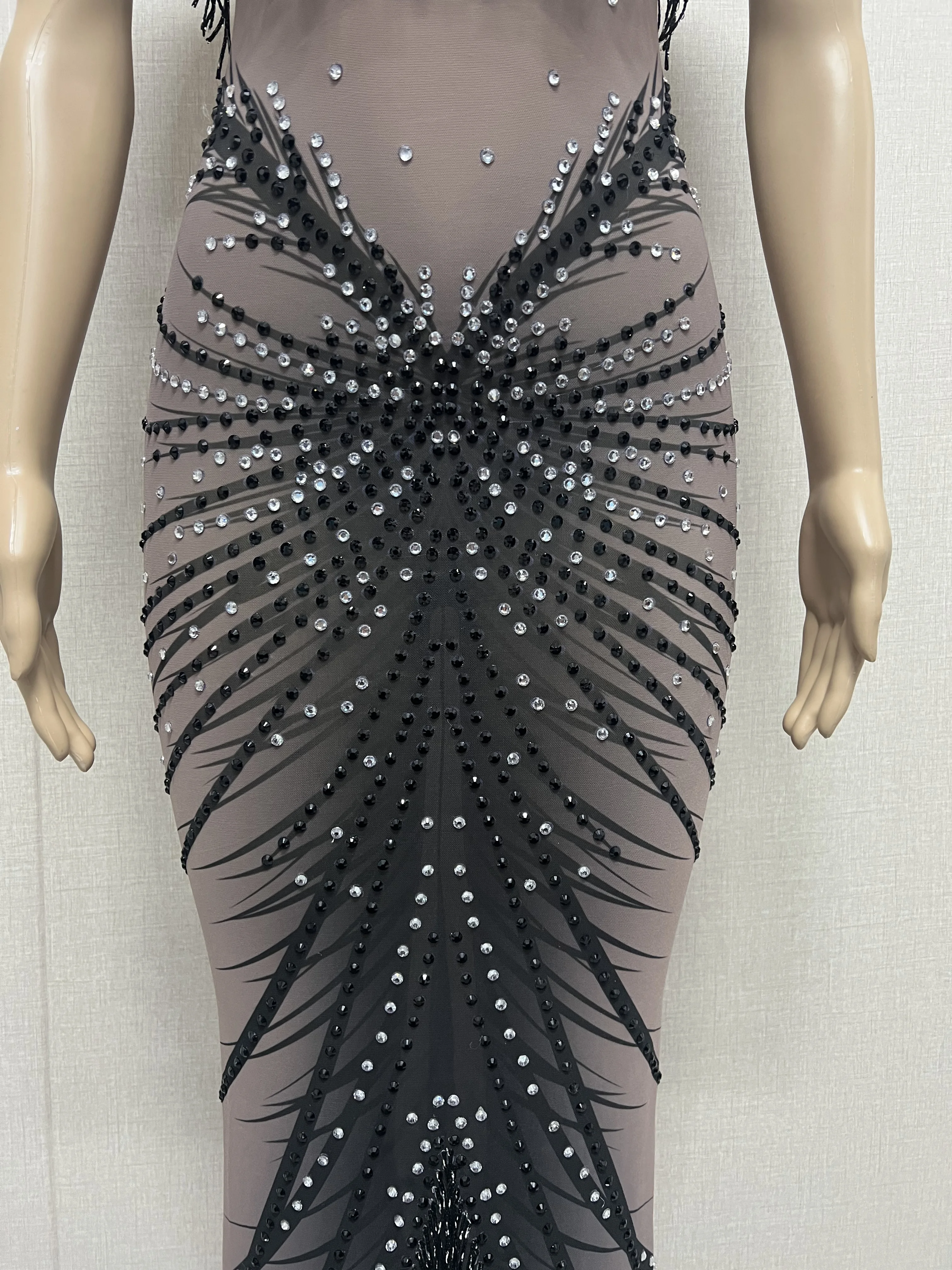 Black Rhinestone Mesh Perspective Sleeveless Dress Evening Party Wear Dresses Birthday Celebrate Costume See Through Dress YOUDU