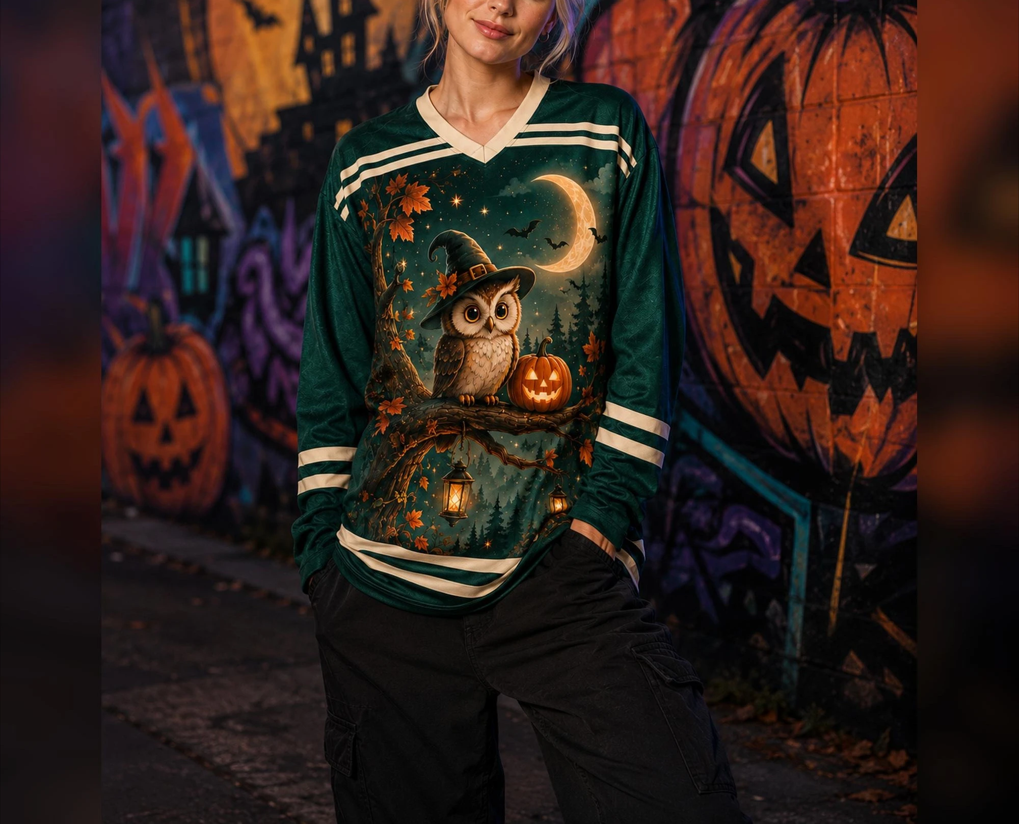 Halloween Wizard Owl Ice Hockey Jersey Long Sleeve Witch Hat Crescent Moon Pumpkin Forest Print Halloween Top Family Matching