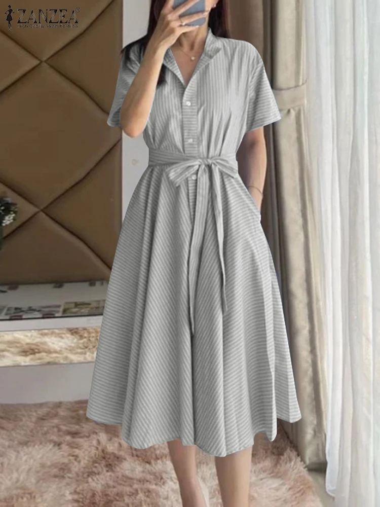 ZANZEA Women Casual Striped Dress Lace-Up Belt Sundress Summer 2025 Short Sleeve A-Line Midi Robe Lapel Neck Pockets Vestidos