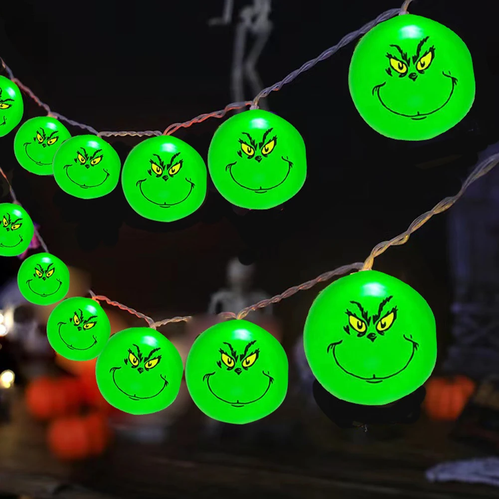 2024 10LED Funny Green Balls Lights Halloween Day Decoration Party String Lights DIY Christmas Tree Decor Light Holiday Supplies