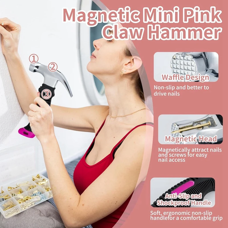 Picture Hanging Kit Tools With Heavy Duty Frame Hooks,Wire,Nails, With Laser Level,Pink Claw Hammer As Shown