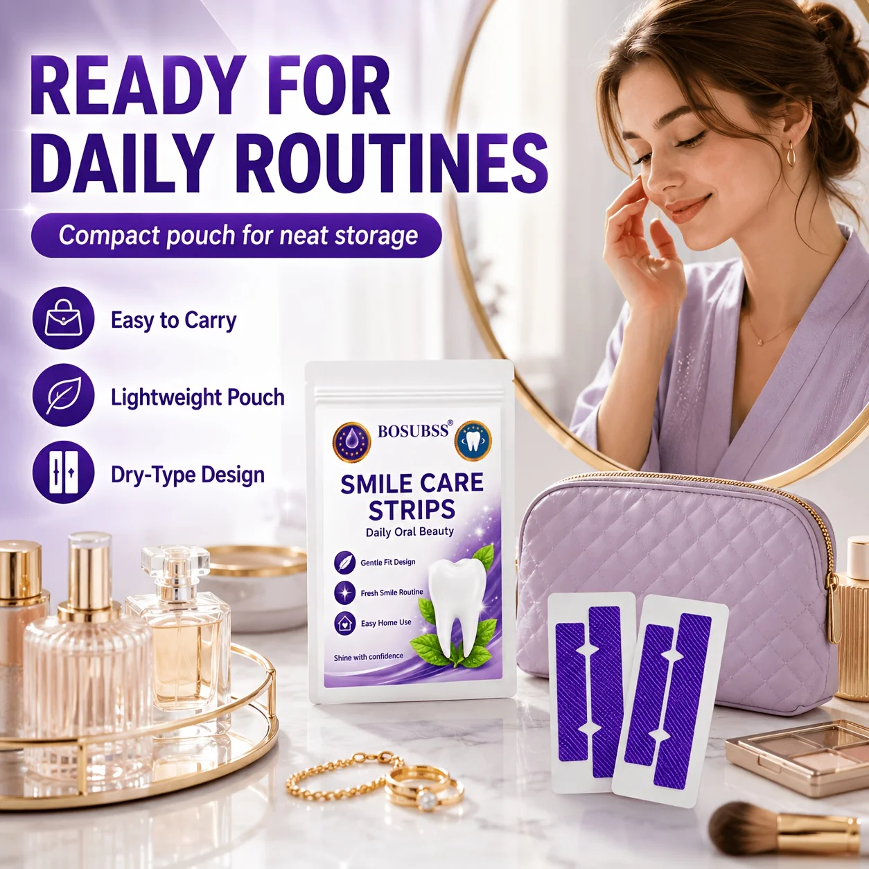 BOSUBSS 6/10 Stück Trockene Smile Care Strips, Obere & Untere Lila Strukturierte Streifen für Tägliche Mundpflege und Einfache Heimanwendung – Detail 6