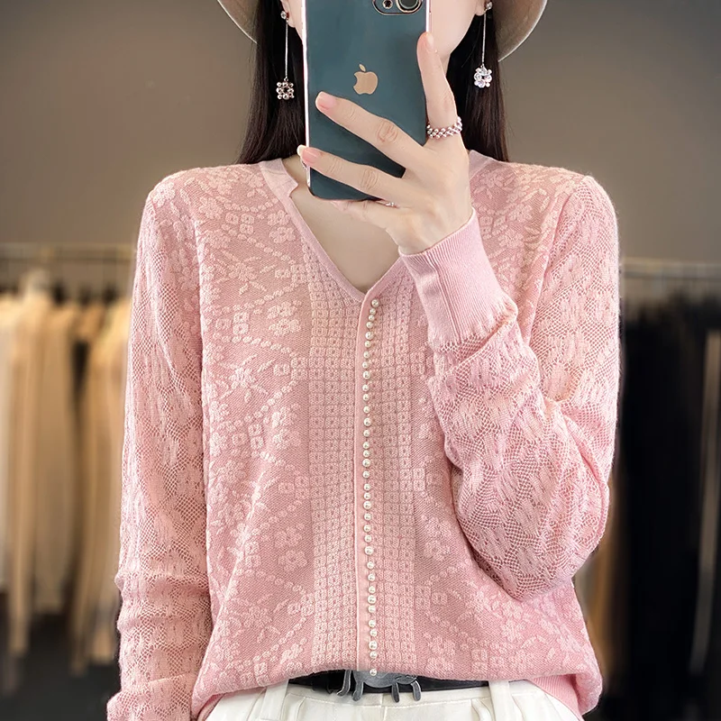 2023 Autumn Winter New Woolen Sweater Women's V-Neck Long Sleeve Pullover Fine Lmitation Wool Loose Solid Color Hollow Lace Knit