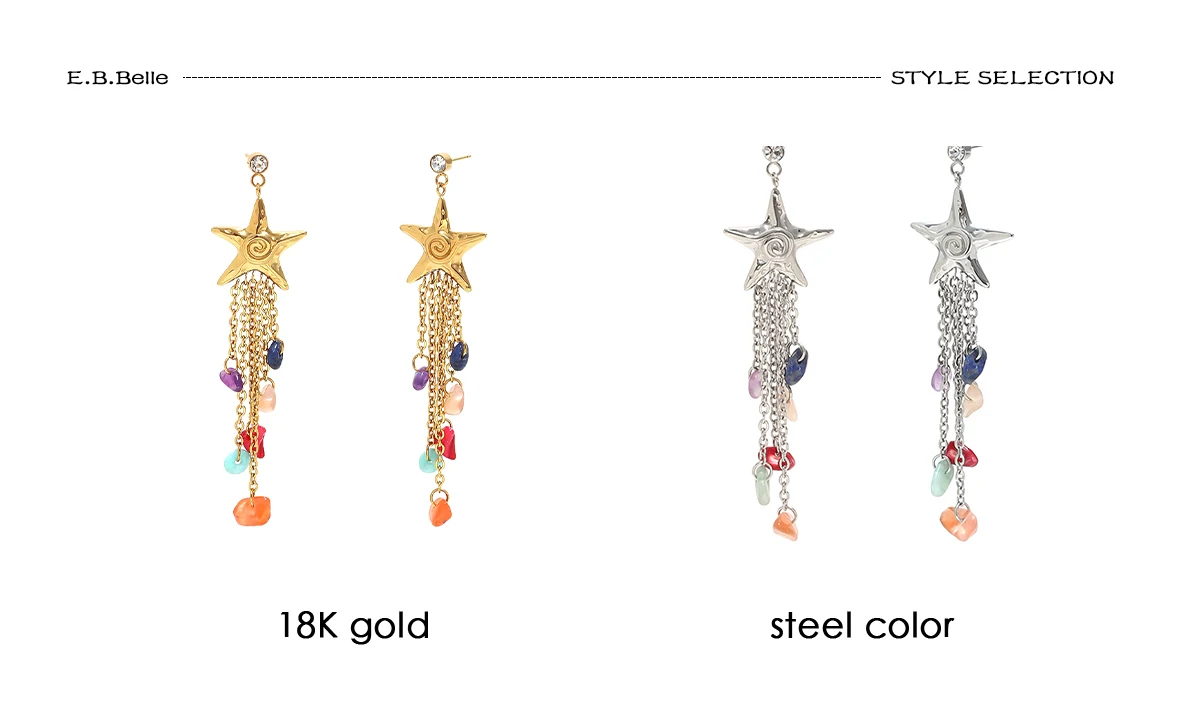 E.B.belle Minimalistische Strukturierte Stern-Ohrstecker mit Bunten Quasten, Hypoallergene 18K Vergoldete Ohrringe, Sommer-Modeschmuck – Detail 6