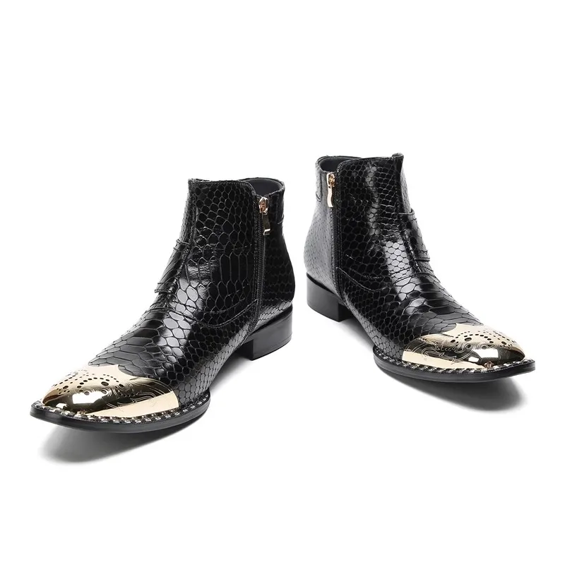 Fashion Italian Type Handmade Men's Boots Iron Toe Snake Skin Genuine Leather Boots Men Botas Hombre Punk Fashion Party Boots