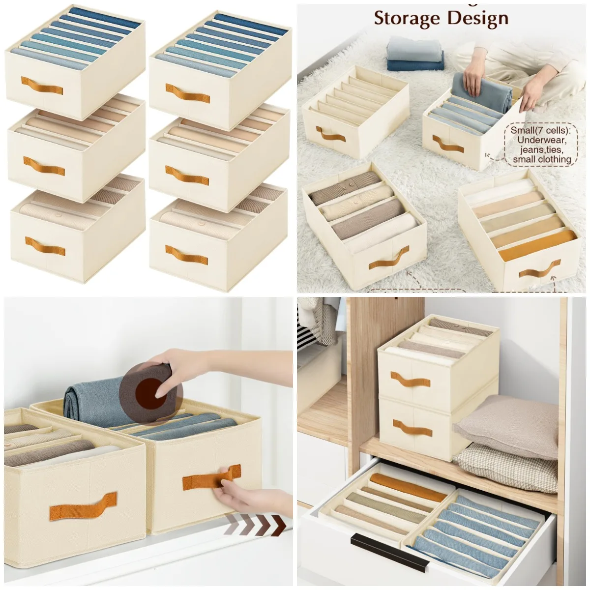 

Foldable Fabric Jeans Organizer with Handles, 4/5/7 Grids Closet Divider, 6-Pack Beige Wardrobe Storage for Pants, Sweaters, T-s