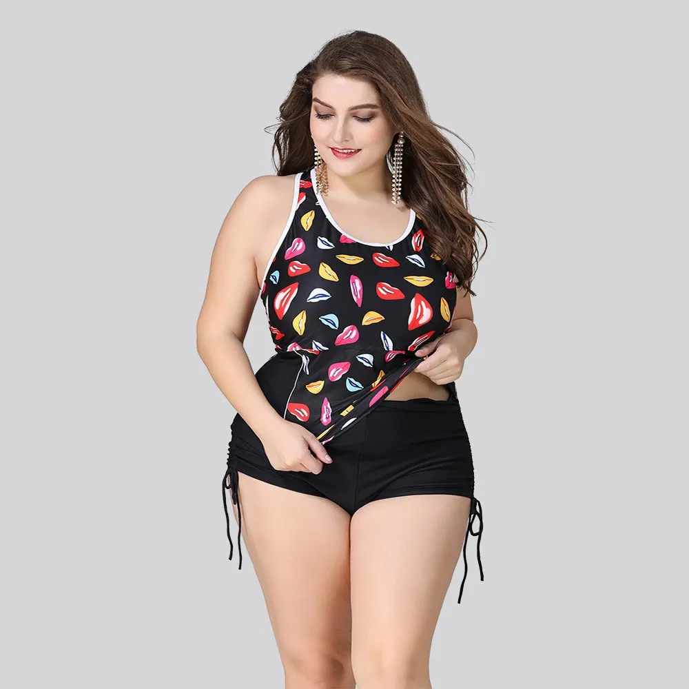 Plus Size Swimwear two piece Sepatate Swimsuit Women Ladies Boy Short High Waist Bikinis Bathing Suits Lips Print Tankini 5XL