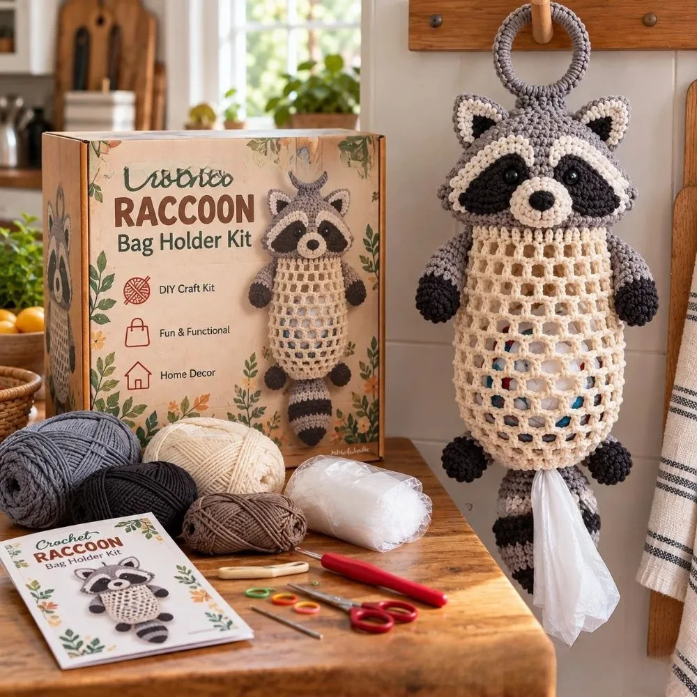Handmade Crochet Animal Bag Holder Kit Animal Shaped Wall Hanging Grocery Bag Dispenser Cute Stylish DIY Yarn Craft