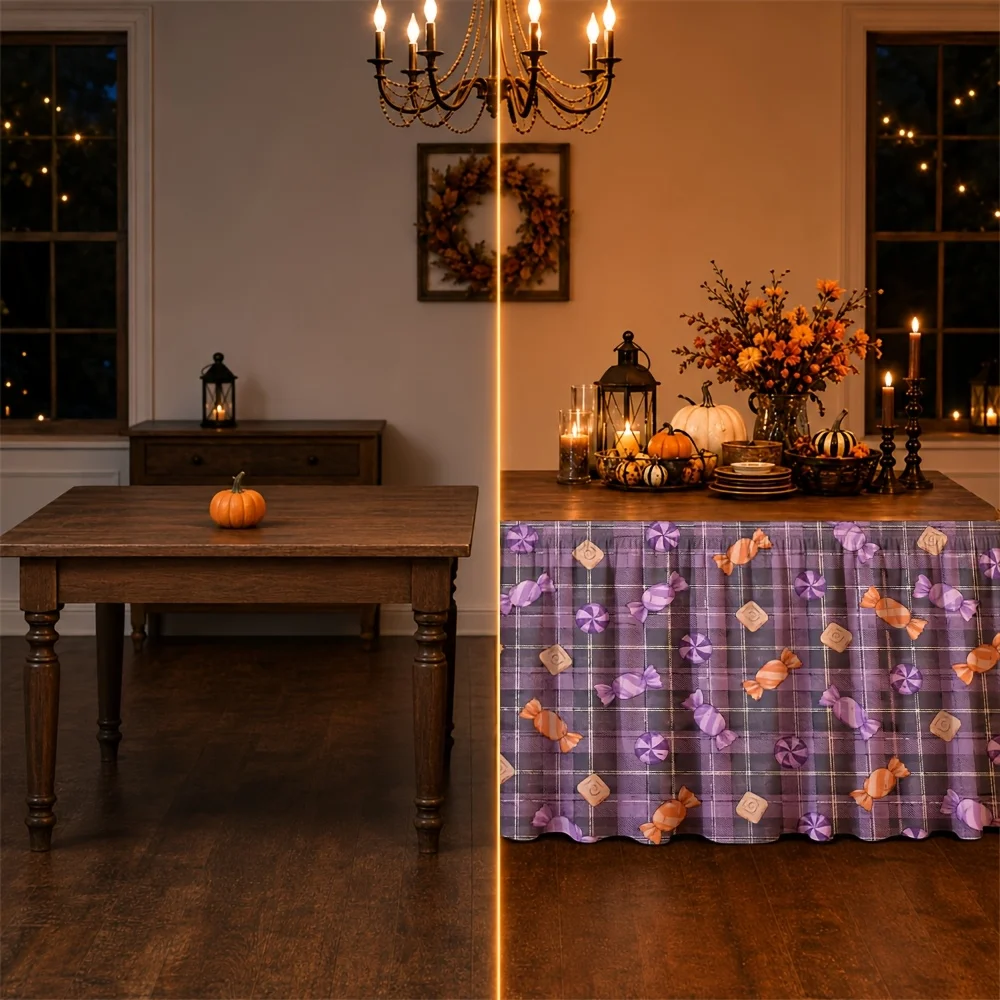 Table skirt / tableskirt - purple check pattern - dessert candies - lively style - suitable for festive occasionszyc