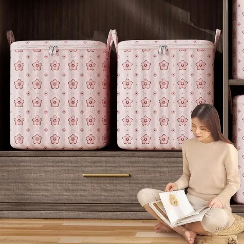 New Portable With Handle Clothes Storage Bins Foldable Large Capacity Wardrobe Sorting Storage Bucket Dust-Proof Cherry Blossom