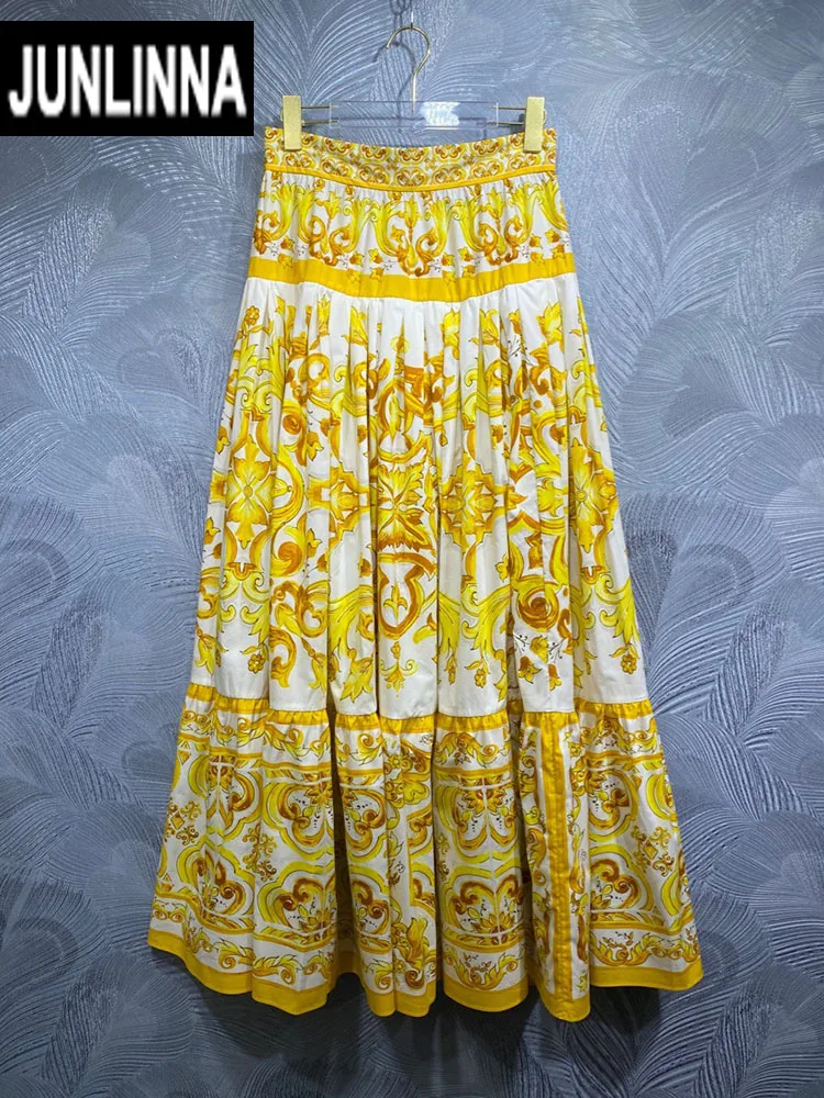 

JUNLINNA Vintage Skirt Women Spring Summer Fashion Yellow Porcelain Printing Empire Party Holiday Expansion Half Dresses