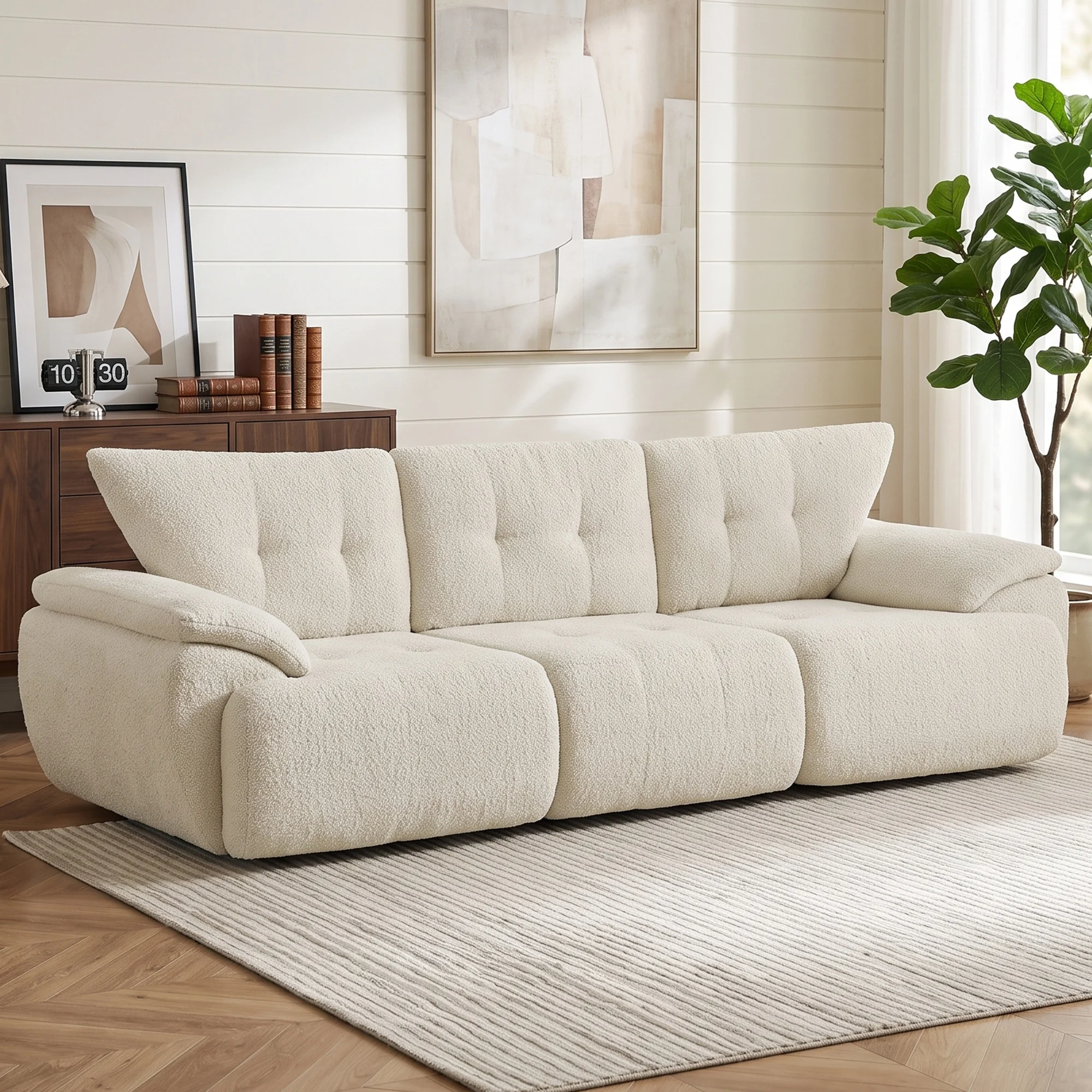 Divano modulare senza telaio, con tre posti, rivestito in pregiato tessuto chenille, dotato di seduta profonda e ampia e di braccioli larghi, un divano moderno e versatile, ideale per l’arredamento