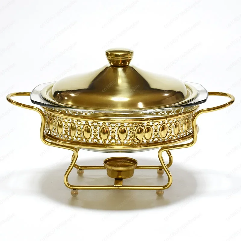 Nuevo Estufa de Buffet de vidrio redonda dorada, contenedor de calefacción de alimentos de 2,0 L, mesa de comedor, olla caliente, estufa de Alcohol