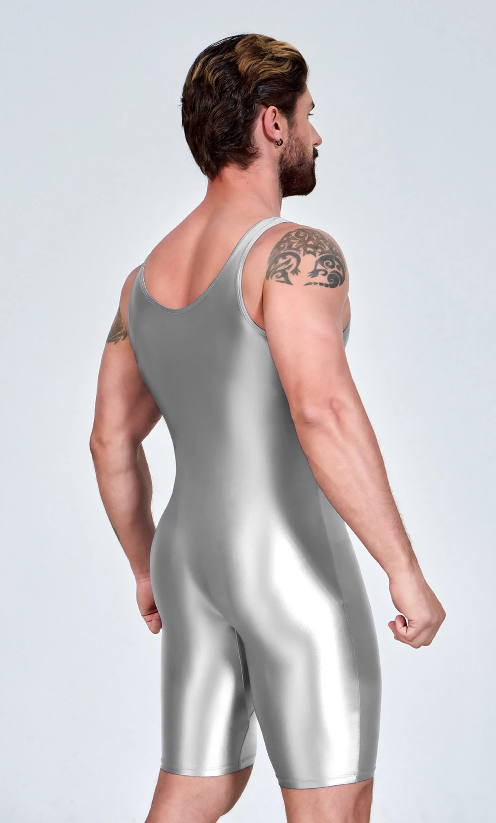 AMORESY Herren Sexy Glänzender, glatter Bodybuilder-Singlet, ärmellos, zum Laufen, Catsuits, Fitness, Yoga, Sport, Overall, Radfahren, einfarbig, eng anliegend – Detail 11