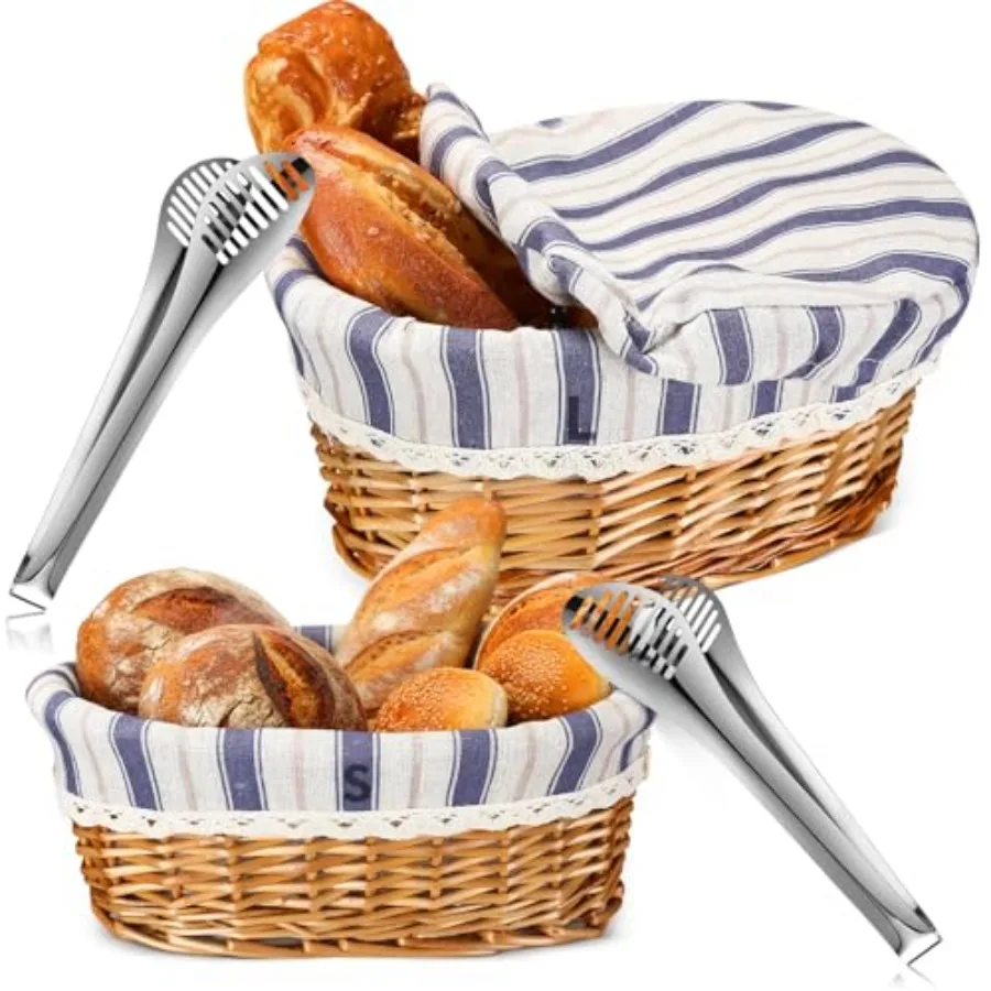 

2 Set 11" 12" Wicker Bread Basket for Serving Large Bread Serving Basket Woven Removable Liner Tong for Fruit Food Picnic BBQ P