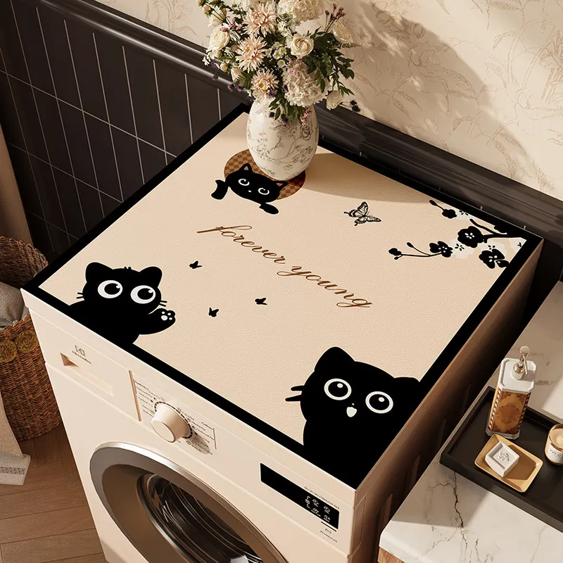 VIKAMA Line Black Cat Washing Machine Top Mat Plum Butterfly Letter Print Waterproof Anti Dust Laundry Dryer Surface Pad