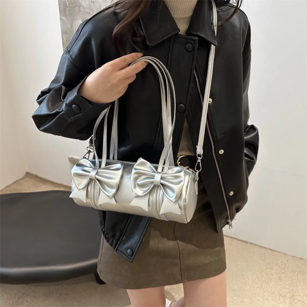 Solid Color Bow Cylinder Bag Hobo Korean Style Balletcore Handbag Large Capacity Bowknot Pleated Single Shoulder Bag Daily