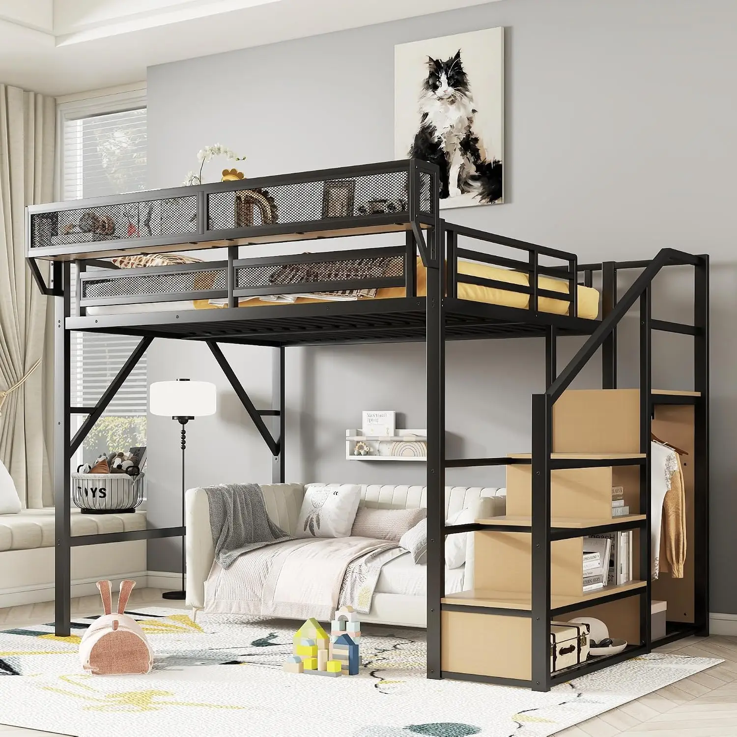 Queen Size Metal Loft Bed Frame Convertible Staircase Built In Storage Shelves Wardrobe Solid Slats Guardrail No Box Spring Requ
