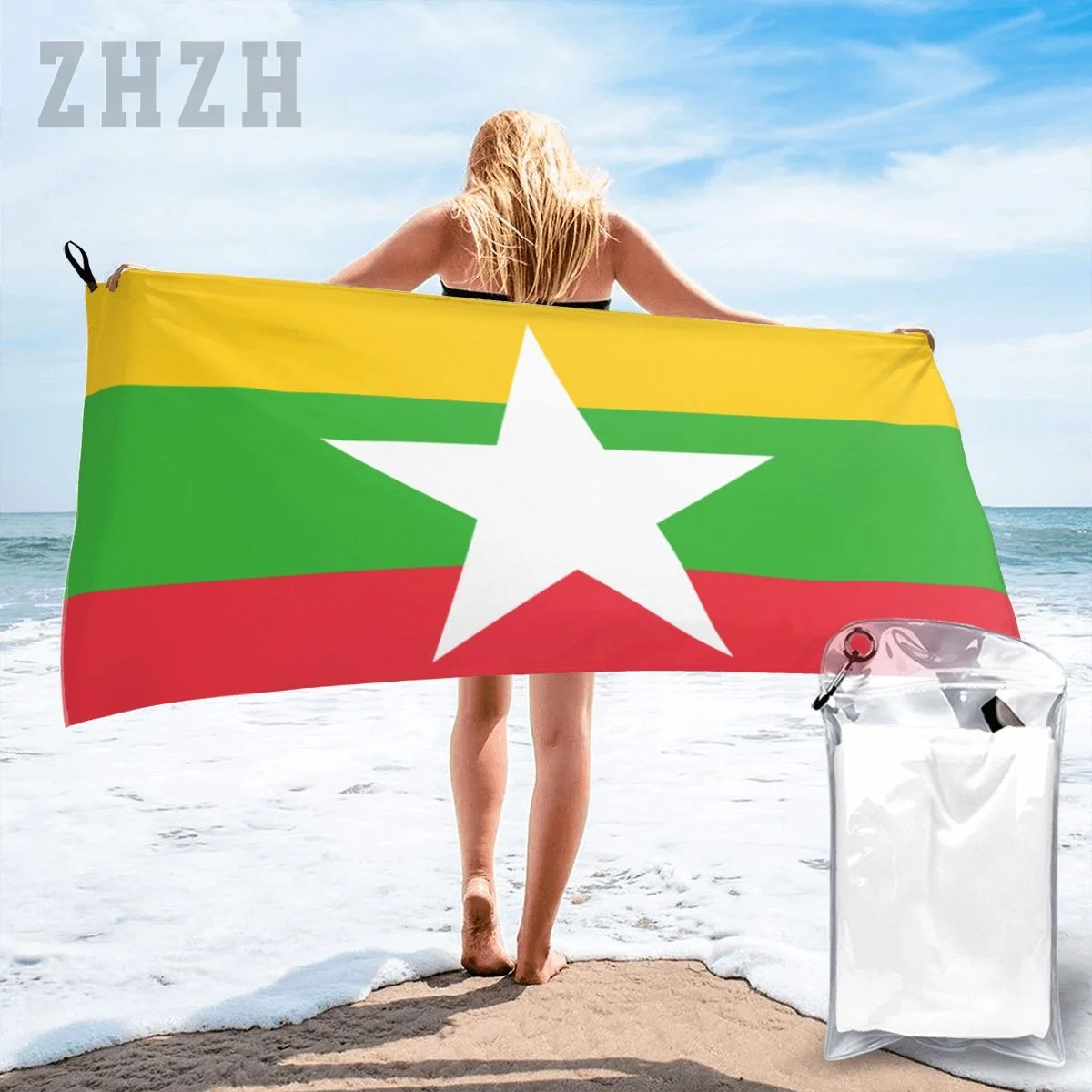 More Design Myanmar Flag Emblem Bath Towel Quick dry Microfiber Absorbing Soft Water Breathable Beach Swimming Bathroom
