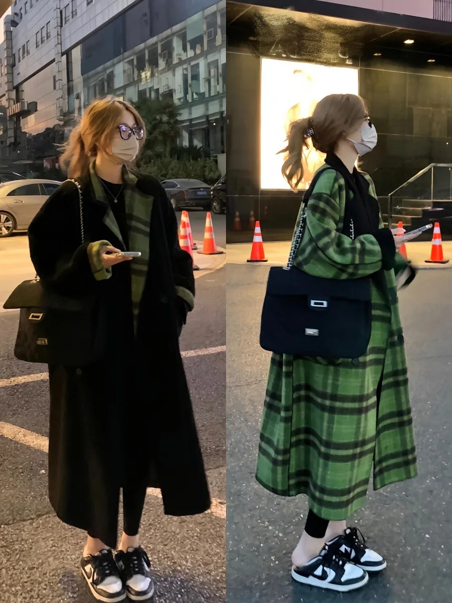 Green Woolen Plaid Coats for Women Fashion Autumn Winter Classy Vintage Long Outerwear Aesthetic Loose Ulzzang Female Clothes