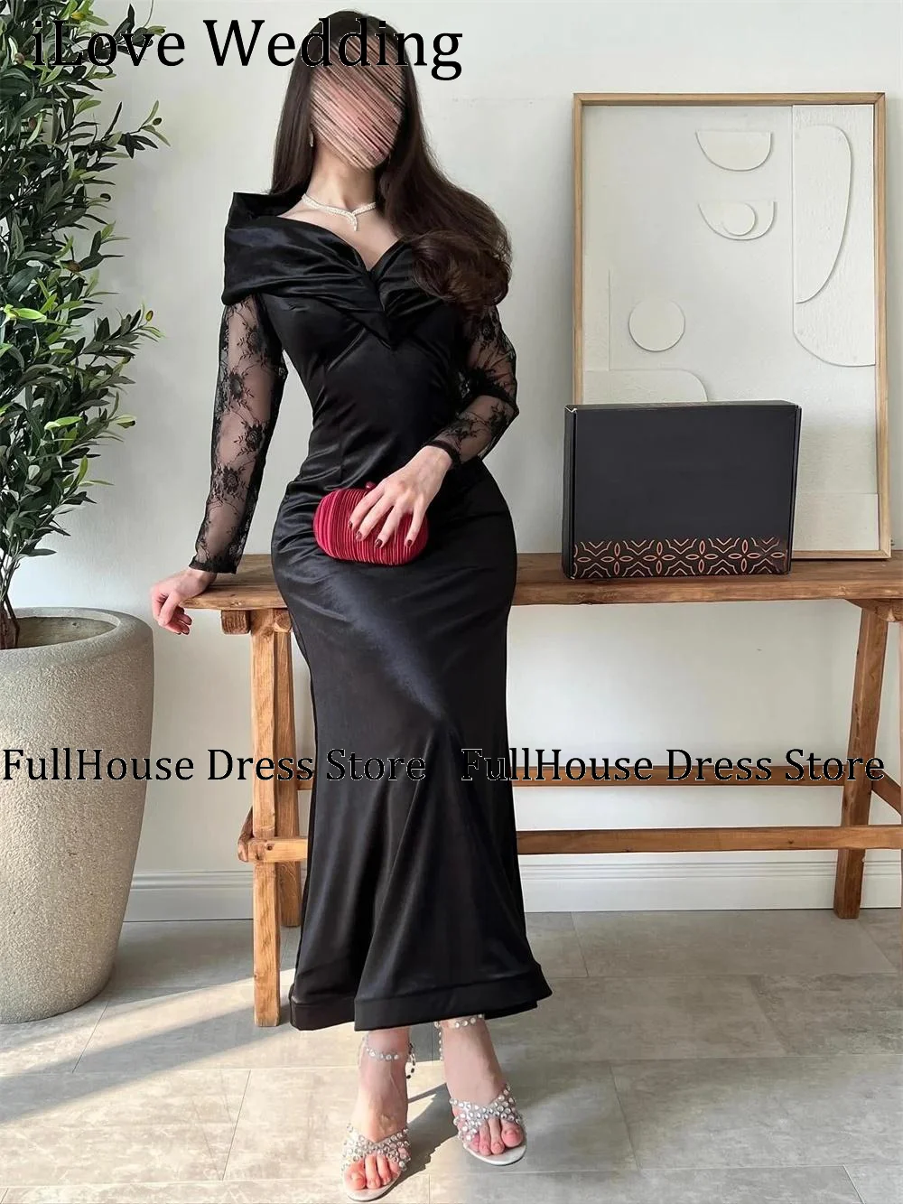 

Bespoke Occasion Black Velet Off Shoulder Pleated Lace Evening Party Dress Backless Ankle Length Sheath Bridal Saudi Dress