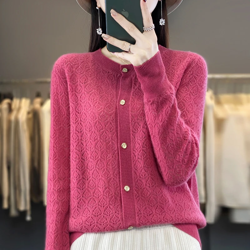 Spring and autumn new 100% wool knitted cardigan ladies hollow O-neck solid color bottoming cashmere sweater outside the coat