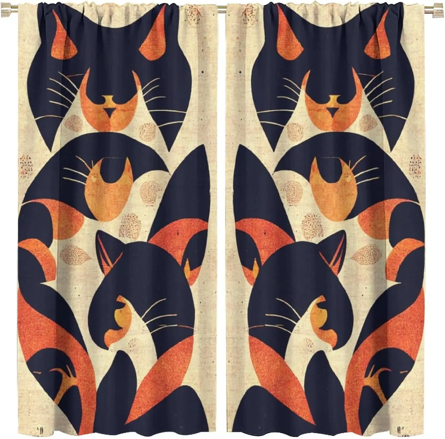 Retro Japanese Abstract Cat Curtains, Mid Ages Colorful Graffiti Cartoon, Thermal Insulation Room Darkening Rod Pocket Window