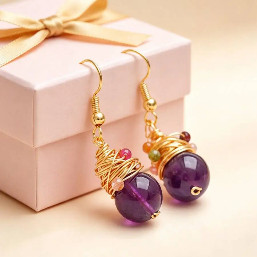 Handmade Wire Wrapped Amethyst Dangle Earrings Women Gold Hook Multi Tiny Stone Drop Earrings Bohemian Vintage