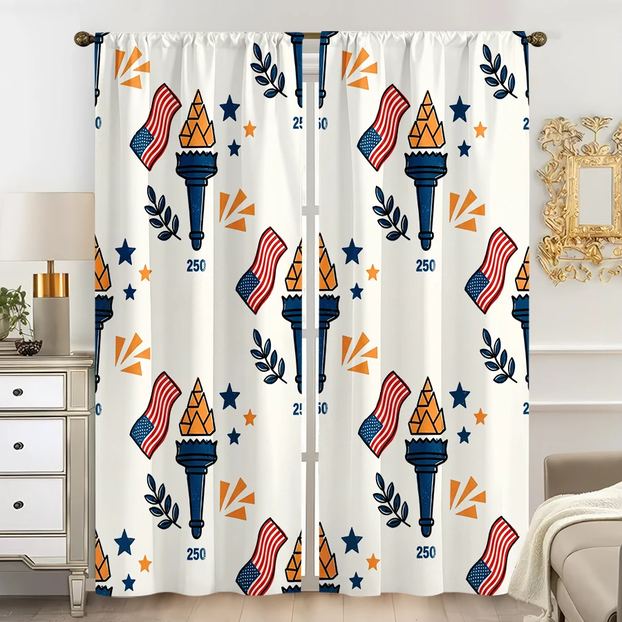 2PCS Curtains, Seamless Print of Liberty Torch, American Flag, Five-pointed Stars, Olive Branches and Number 250 Pattern, Applic