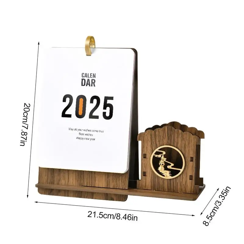 Wood 2025 Desk Calendar Year Of The Snake Desk Month Planner Calendar Desk Decor Calendar With Pen Holder For Classroom Dormitor