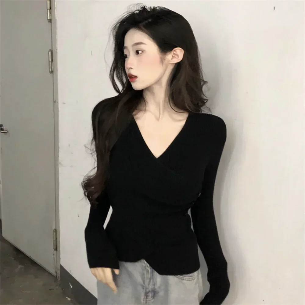 

Пуловеры женские, тонкие, нежные, уютные, офисные, женские, однотонные, с v-образным вырезом, для отдыха, сексуальный трикотаж, внутренний базовый, удобный, на каждый день, в корейском стиле
